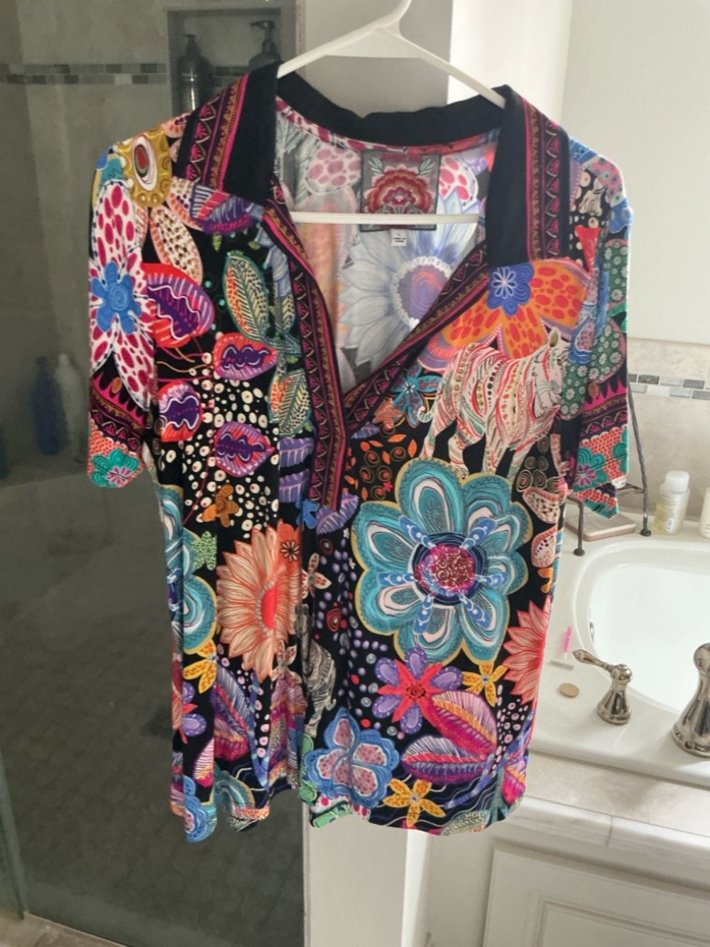 Johnny Was Multicolor Floral Button-Down Top - Black Base